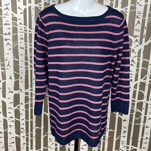 Talbots 100% Linen 3/4 sleeve longline sweater in navy & pink stripe